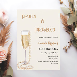 Invitación Perlas Prosecco burbujeante cumpleaños de oro