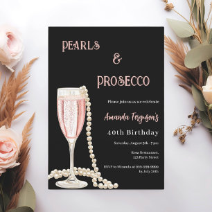 Invitación Perlas Prosecco cumpleaños rosa negro