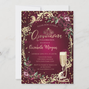 Invitación Perlas Prosecco Diamante Rosas Borgoña Quinceañera