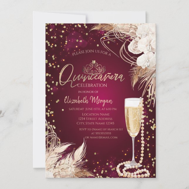 Invitación Perlas Prosecco Diamantes Boho Flores Quinceañera (Anverso)