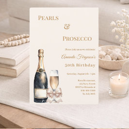 Invitación Perlas Prosecco lazo marfil cumpleaños elegante 