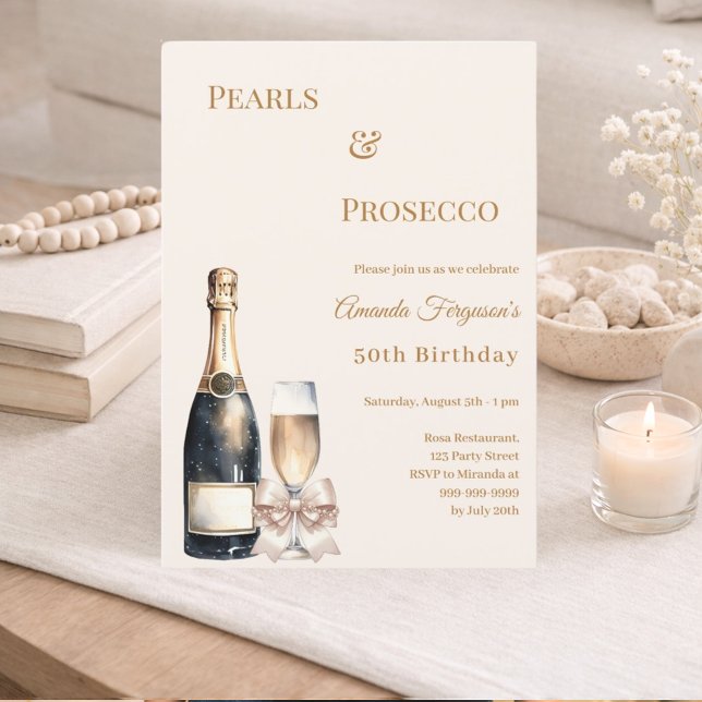 Invitación Perlas Prosecco lazo marfil cumpleaños elegante  (Subido por el creador)