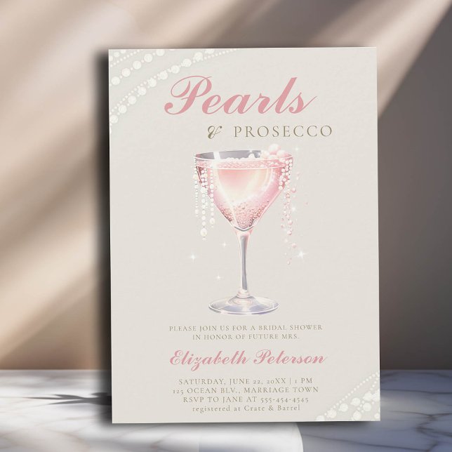 Invitación Perlas Prosecco Rosa Bubbly Marfil Shower (pearls and prosecco bridal shower invitation pink bubbly ivory gold calligraphy elegant classic )