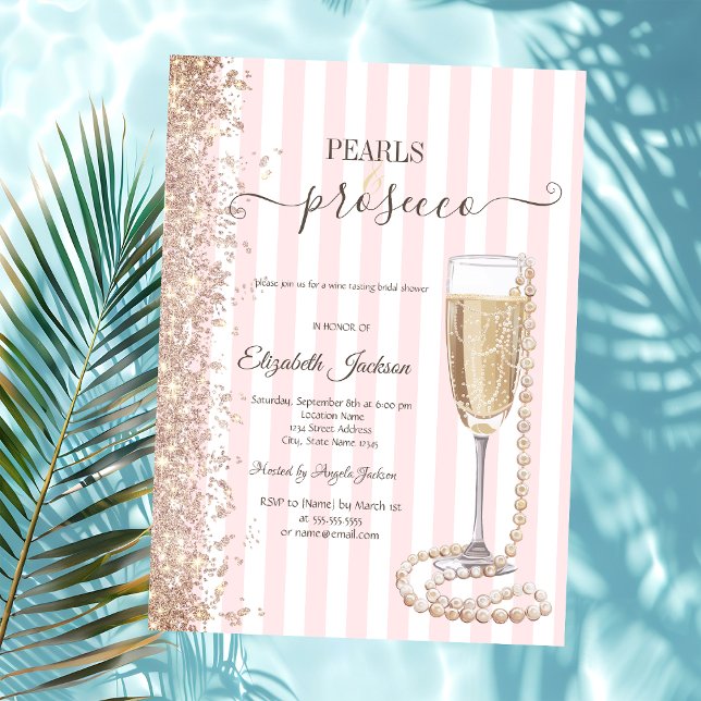Invitación Perlas purpurinas y prosecco raya rosadaDucha de n (Subido por el creador)