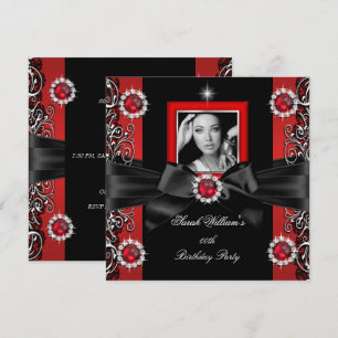 Invitación Perlas Rojas Fiesta de Cumpleaños Foto Negra Plate