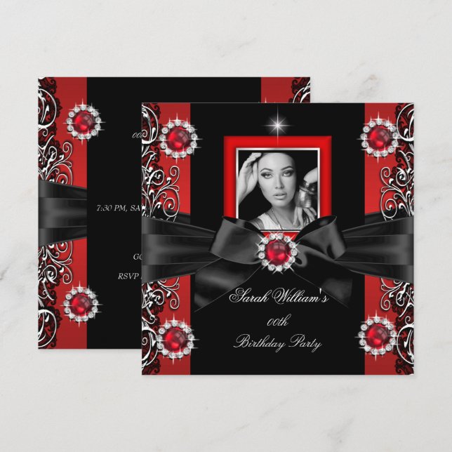 Invitación Perlas Rojas Fiesta de Cumpleaños Foto Negra Plate (Anverso / Reverso)