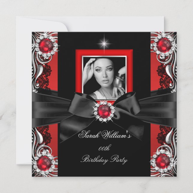 Invitación Perlas Rojas Fiesta de Cumpleaños Negro Plata Foto (Anverso)