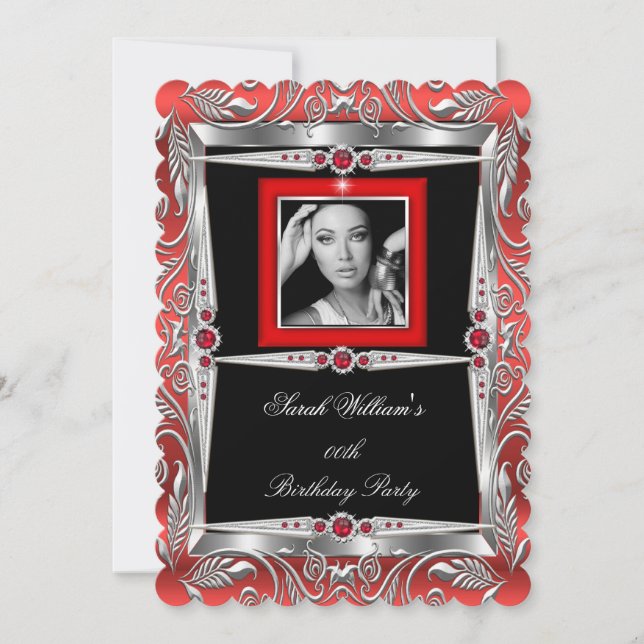 Invitación Perlas Rojas Fiesta de Cumpleaños Negro Plata Foto (Anverso)