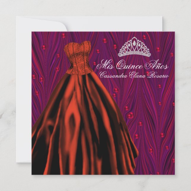 Invitación Perlas Rojas Vestido Rojo Púrpura Quinceanera (Anverso)