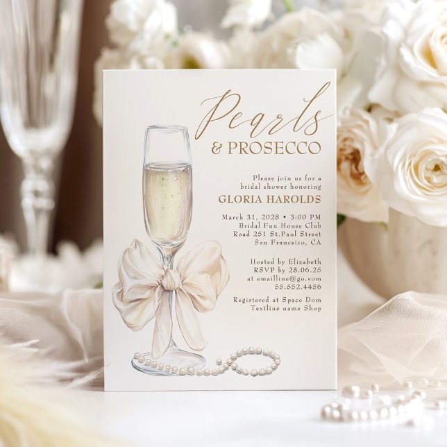 Invitación Perlas románticas blancas de vaca y ducha de novia (Pearls and Prosecco Bridal Shower Invitation with Bow)