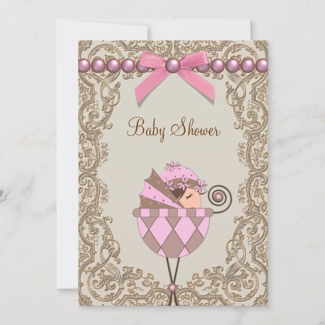 Invitación Perlas Rosa Marrón Encaje Fiesta de Baby Shower de (Anverso)