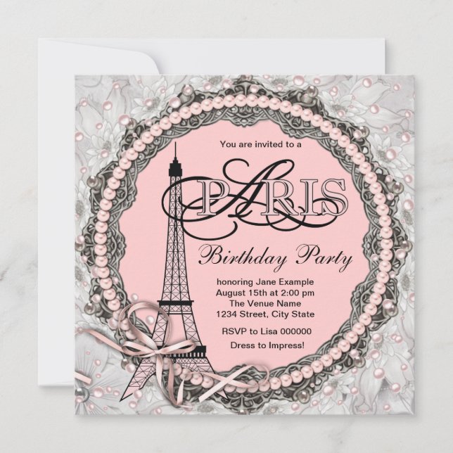 Invitación Perlas Rosadas Dulces 16 Fiesta de Cumpleaños Parí (Anverso)