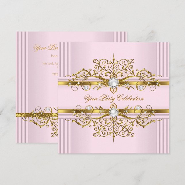 Invitación Perlas Rosadas en Oro Blanco Fiesta de Cumpleaños  (Anverso / Reverso)