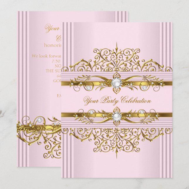 Invitación Perlas Rosadas Oro Blanco Fiesta de Cumpleaños Ele (Anverso / Reverso)