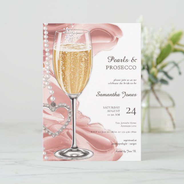 Invitación Perlas rosadas y ducha de novias burbujeante Prose (Anverso de pie)