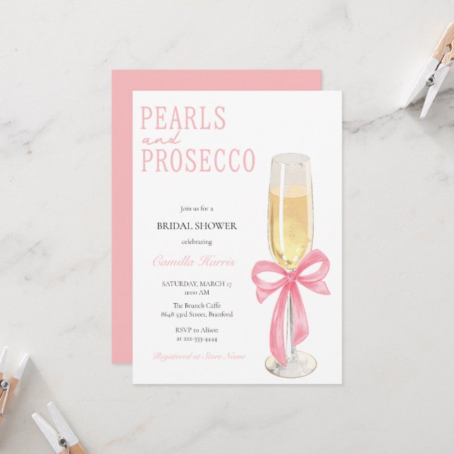 Invitación Perlas rosadas y ducha mínima de novia prosecco (Anverso/Reverso In Situ)