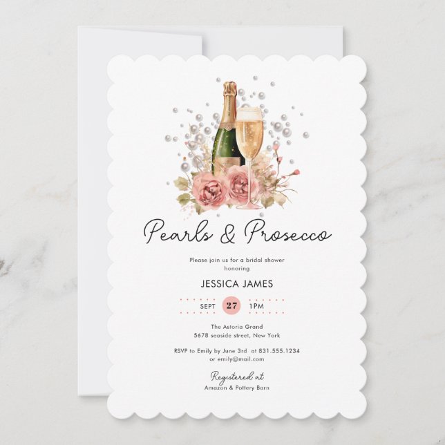 Invitación Perlas rosas de Rubor y ducha de novia Prosecco (Anverso)