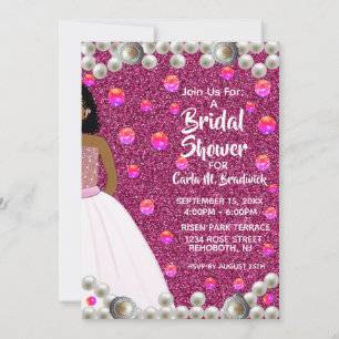 Invitación Perlas rosas, ducha de novias afroamericana