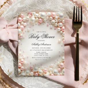 Invitación Perlas rosas y blancas con Baby Shower de diamante