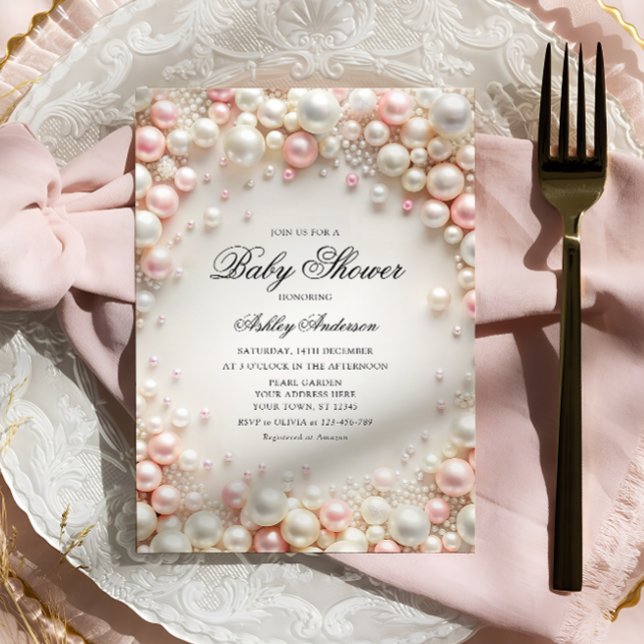 Invitación Perlas rosas y blancas con Baby Shower de diamante (Subido por el creador)