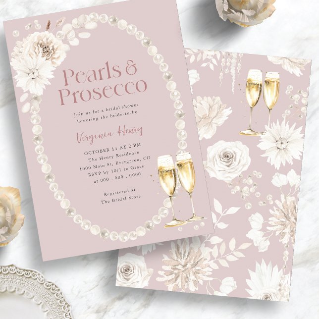 Invitación Perlas rosas y novia del Prosecco (Pink Pearls and Prosecco Bridal Invitation
)