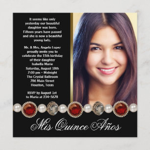 Invitación Perlas Rubí Rojo Negro Dorado Foto Quinceañera