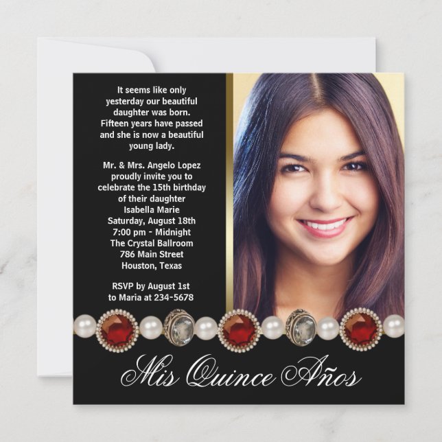 Invitación Perlas Ruby Red Black Gold Foto Quinceanera (Anverso)