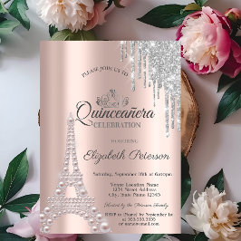 Invitación Perlas, Torre Eiffel, Goteo Rosa Dorado Quinceañer