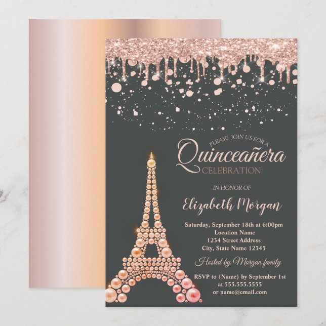 Invitación Perlas Torre Eiffel, Gotitas de Purpurina Quinceañ (Anverso / Reverso)