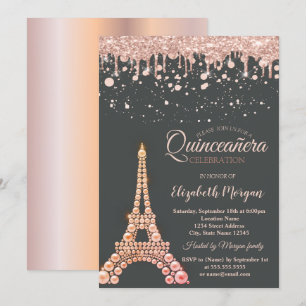 Invitación Perlas Torre Eiffel, Gotitas de Purpurina Quinceañ