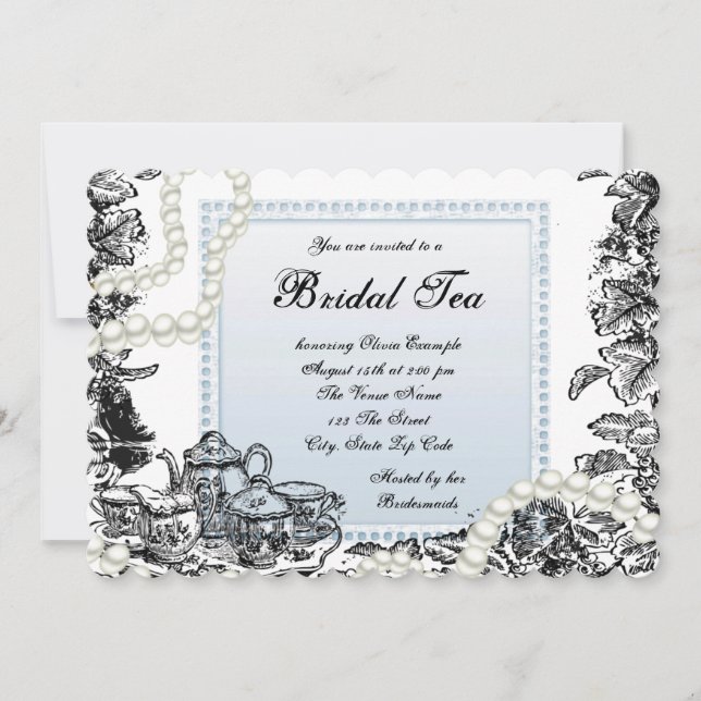 Invitación Perlas Vintage Azules Té Nupcial (Anverso)
