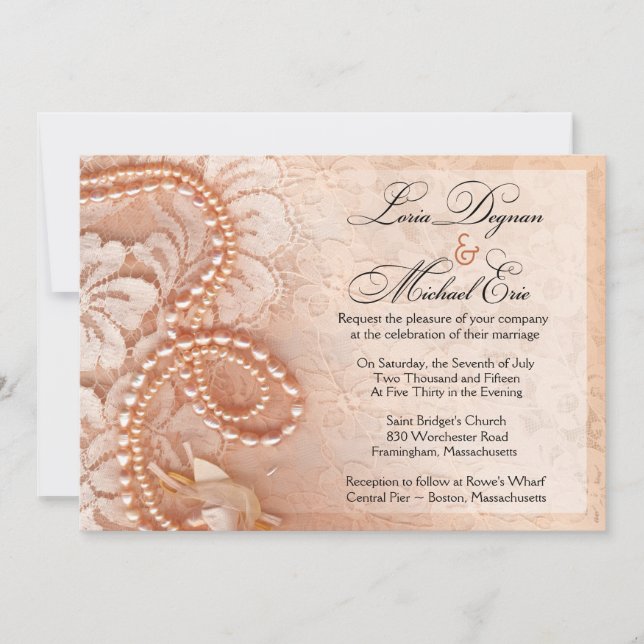 Invitación Perlas y Boda de encaje| melocotón perfecto (Anverso)