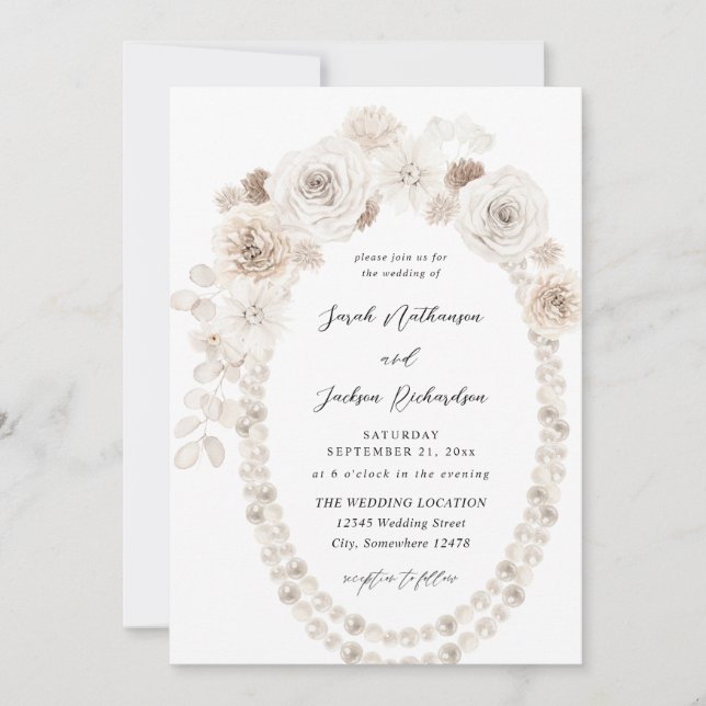 Invitación Perlas y Boda Floral Blanco (Anverso)