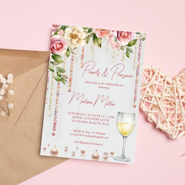 Invitación Perlas y ducha de novia prosecco elegante (Pearls and prosecco bridal shower elegant invitation editable template instant download blush pink)