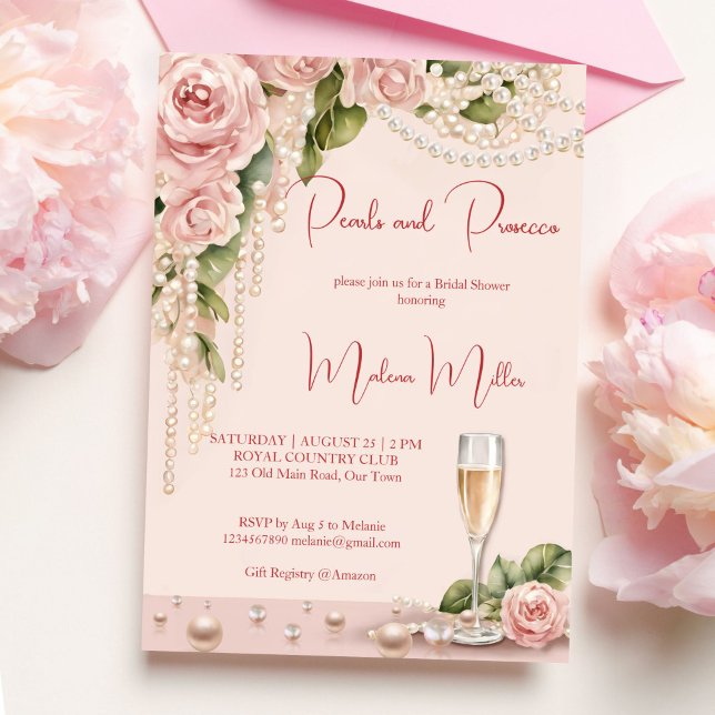 Invitación Perlas y ducha de novia prosecco elegante rosa (Pearls and prosecco bridal shower elegant invitation editable template instant download blush pink)