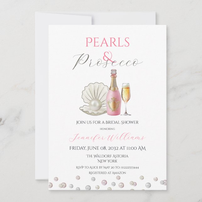 Invitación Perlas y ducha de novia rosa Prosecco (Anverso)