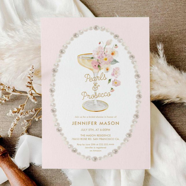 Invitación Perlas y ducha de novia rosa Prosecco (Elegant Pearls and Prosecco Pink Floral Bridal Shower Invite)