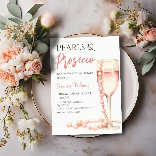 Invitación Perlas y ducha de novia rosa Rubor Prosecco (Subido por el creador)
