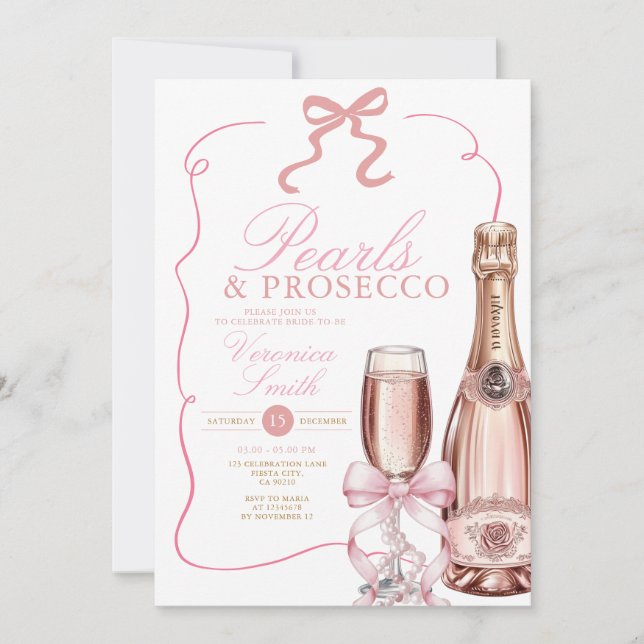 Invitación Perlas y ducha de novias rosadas Prosecco (Anverso)