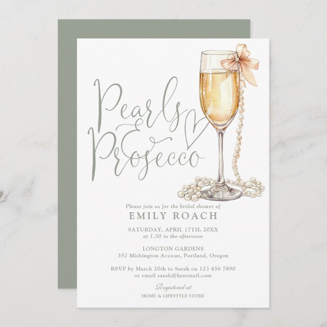Invitación Perlas Y Ducha Verde Bridal Prosecco Sage (Anverso / Reverso)