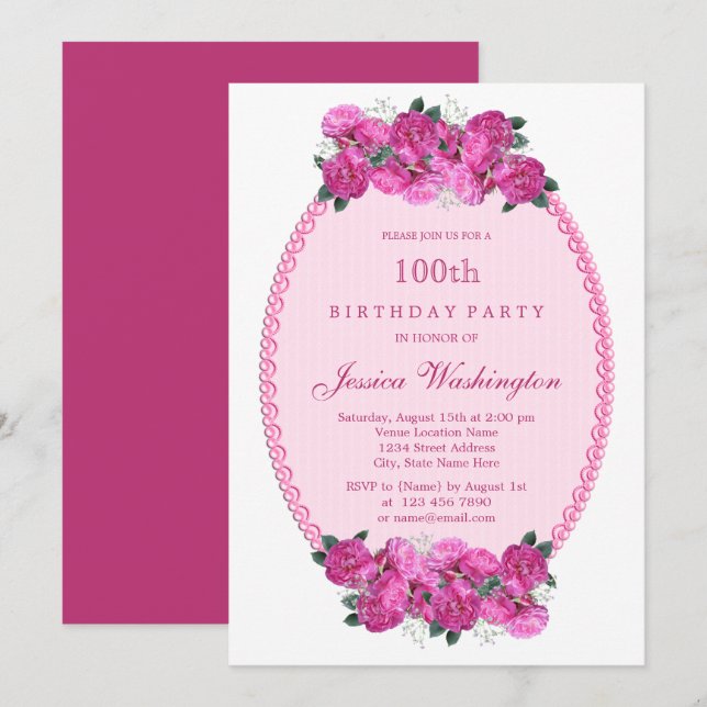 Invitación Perlas y Encaje Floral Rosa 100 Cumpleaños (Anverso / Reverso)