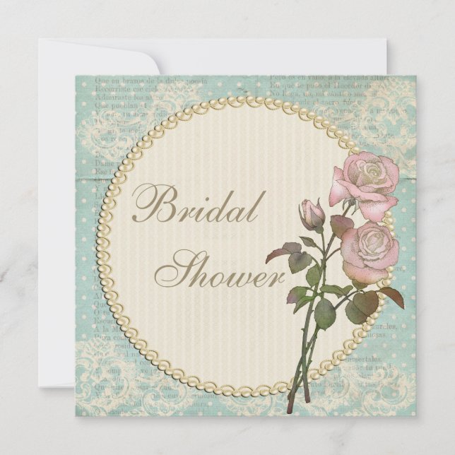 Invitación Perlas y encajes Shabby Rosas Chic Ducha nupcial (Anverso)