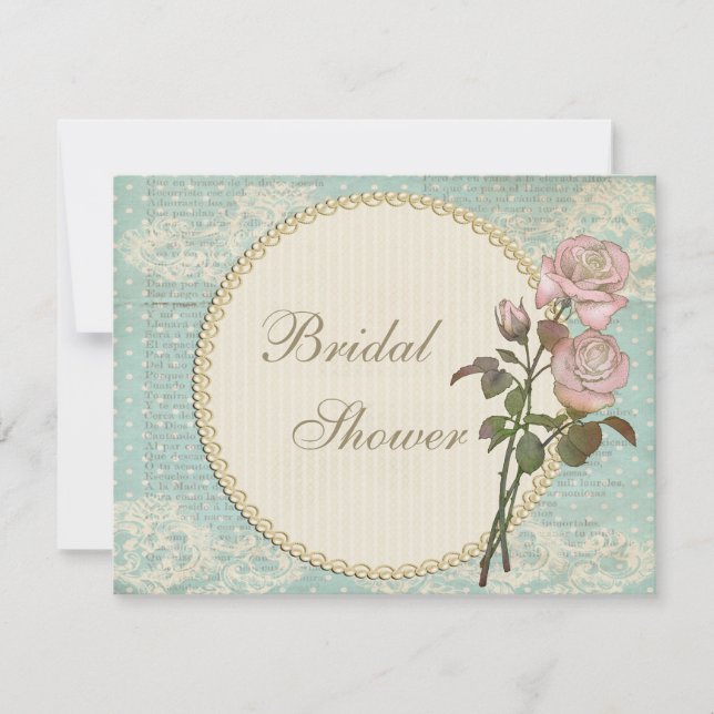 Invitación Perlas y encajes Shabby Rosas Chic Ducha nupcial (Anverso)
