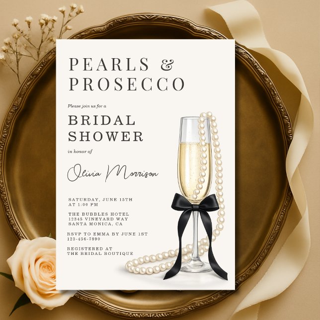 Invitación Perlas y Prosecco Black Coquette Bow Despedida de  (Subido por el creador)