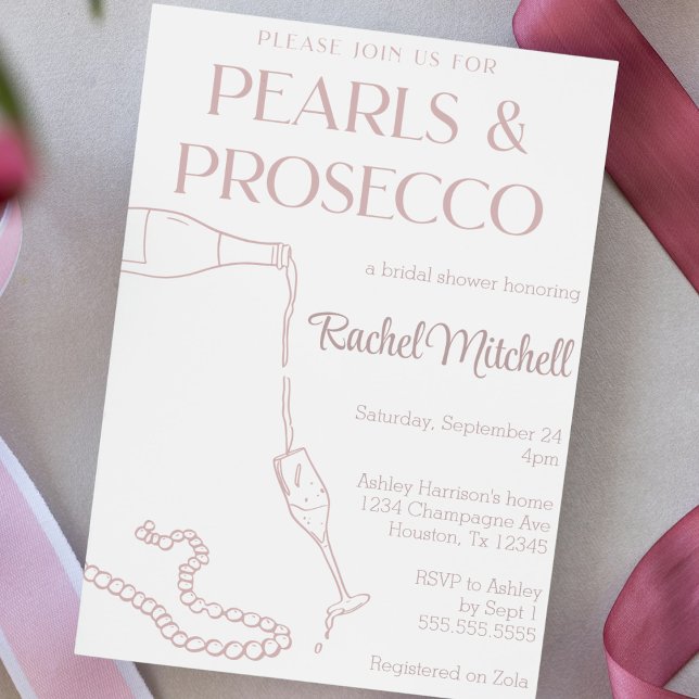 Invitación Perlas y Prosecco Bridal Rosado / Ducha De Lingeri (pearls and Prosecco bridal or lingerie shower invitation cute handdrawn champagne pearls invite)