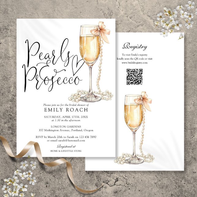 Invitación Perlas Y Prosecco Código QR Ducha Azul Bridal (Pearls And Prosecco QR Code Blue Bridal Shower Invitation)