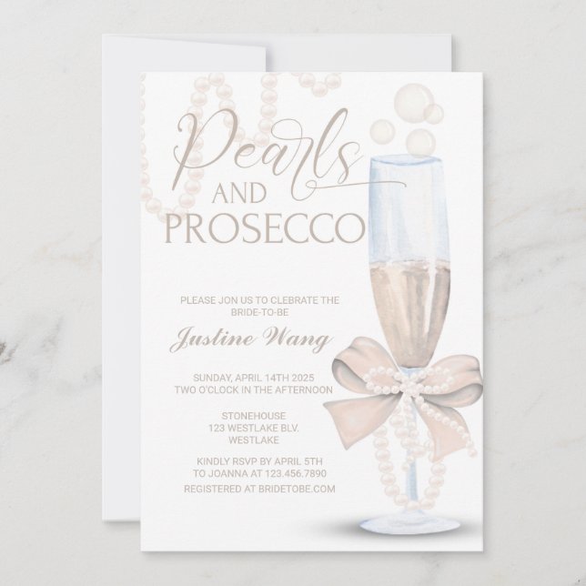 Invitación Perlas y Prosecco, ducha de novias, Prosecco Pearl (Anverso)