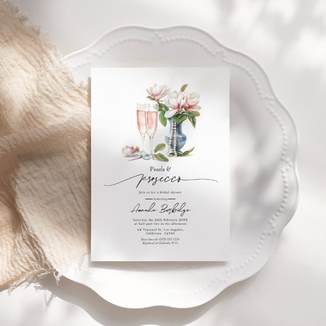 Invitación Perlas y Prosecco Elegante Despedida de Soltera (Pearls and Prosecco Elegant Bridal Shower Invitation)