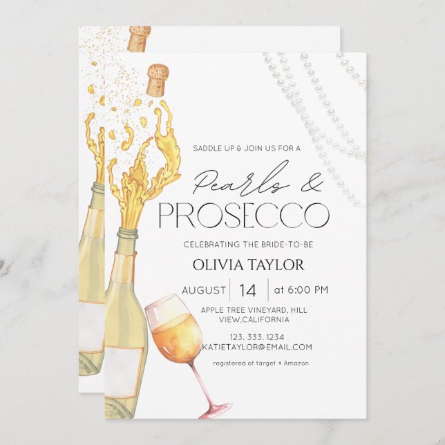 Invitación Perlas y Prosecco Elegante Ducha Nodal Champagne (Anverso / Reverso)