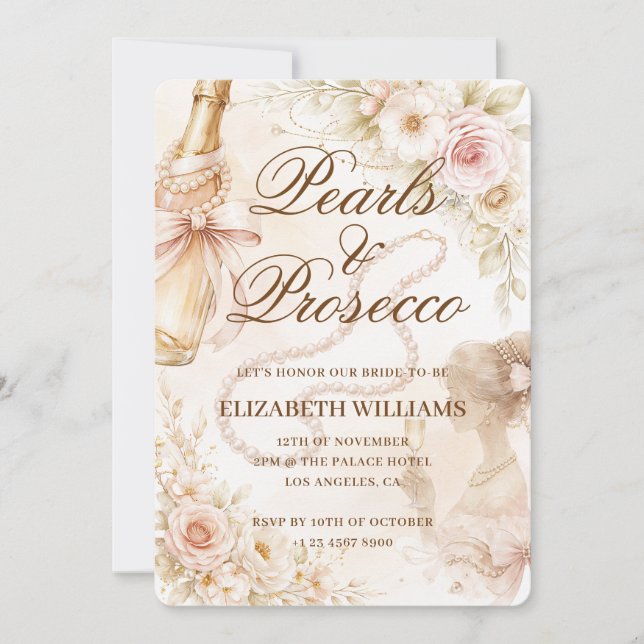 Invitación Perlas y Prosecco Elegante Fiesta de Despedida de  (Anverso)